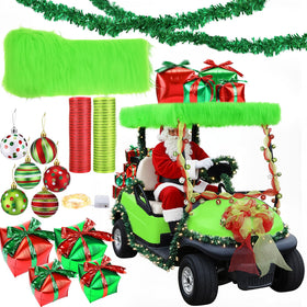 Seeloowy Christmas golf cart green roof trim adds festive curb appeal.