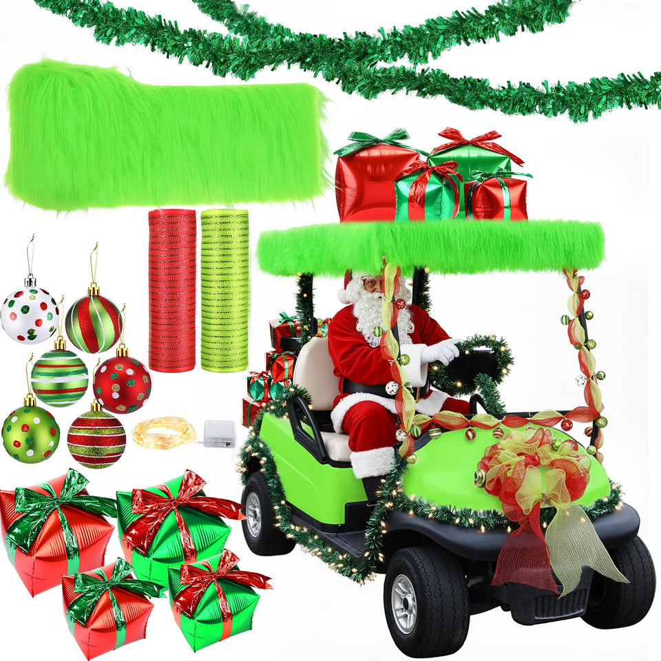 Seeloowy Christmas golf cart green roof trim adds festive curb appeal.