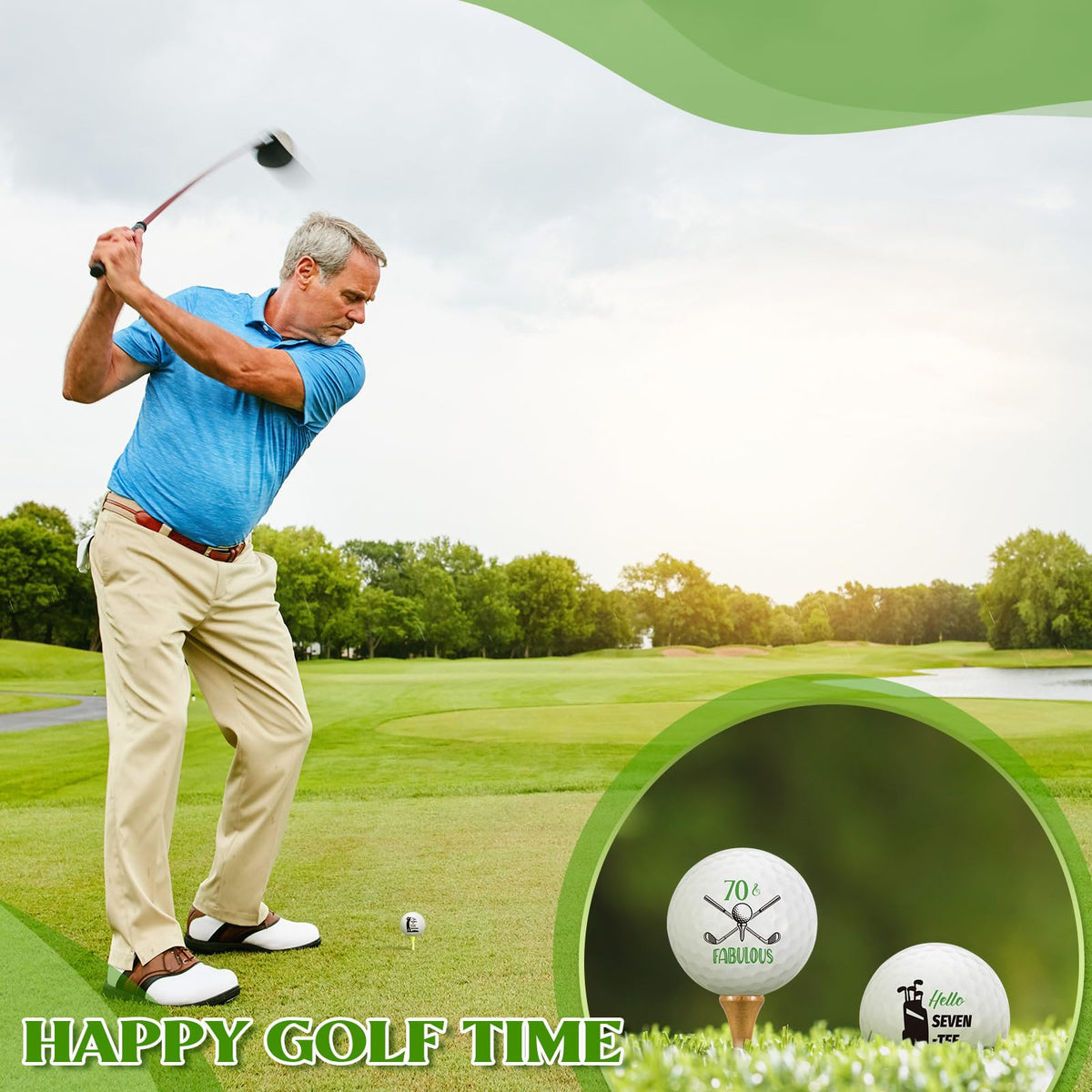 Seenelling golf balls printed with a 70th birthday message.
