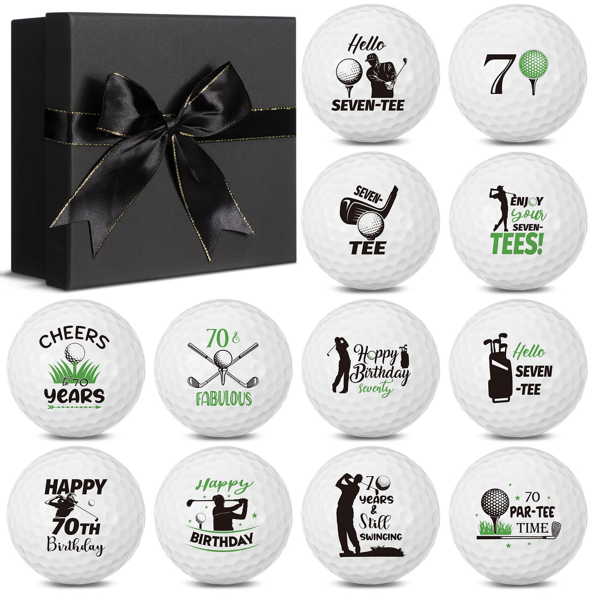 Seenelling 70th birthday golf balls 12-pack for celebratory rounds on the course.