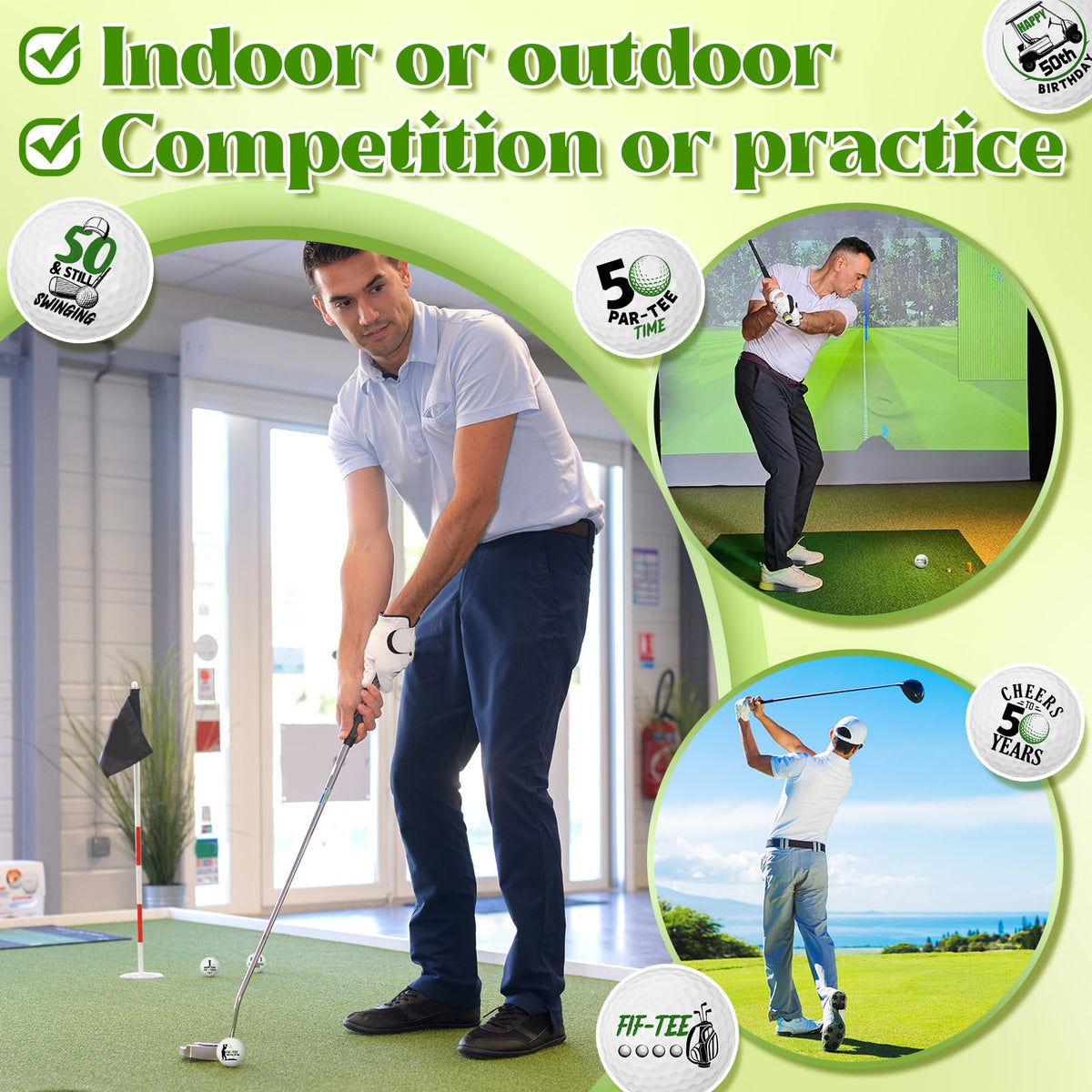 Seenelling standard golf-ball size fits regular courses and clubs.