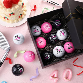 Seenelling woman golfer on the course celebrating a milestone with pink balls