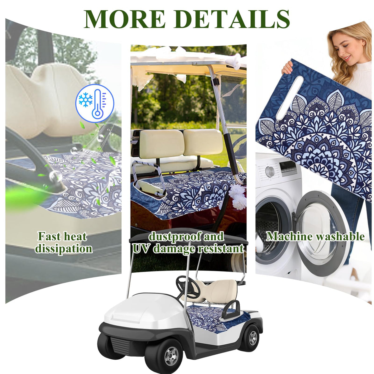 Elastic edges secure a snug fit on most two- and four-seat carts.