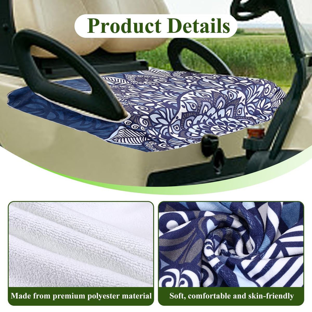 SEJGGKQ blue pattern on EZGO, Yamaha, and Club Car seating.