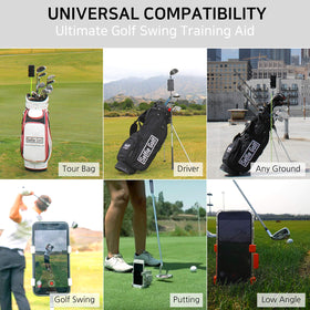 Selfie Golf alignment-stick compatible mount for versatile training setups.