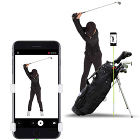 Selfie Golf Record Swing attachment mounted on a bag for easy video capture.
