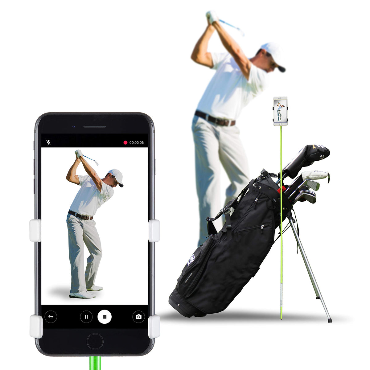 Selfie Golf Record Swing cell phone holder capturing a swing for analysis.