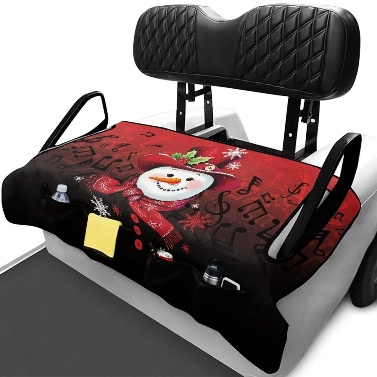 Semiouray Christmas snowman seat cover with four pockets for easy storage.