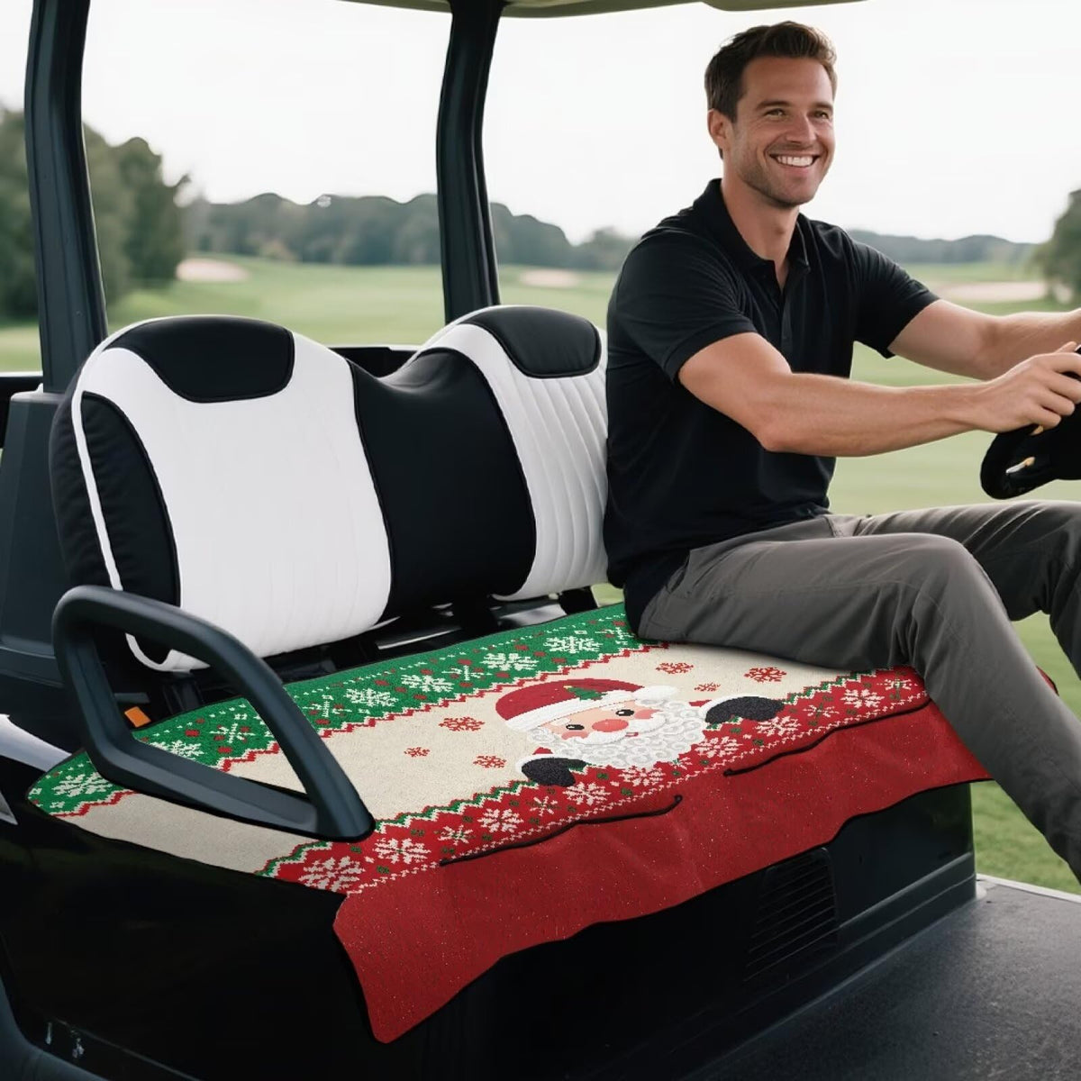 Semiouray snowflake design adds festive style while protecting golf cart seats.