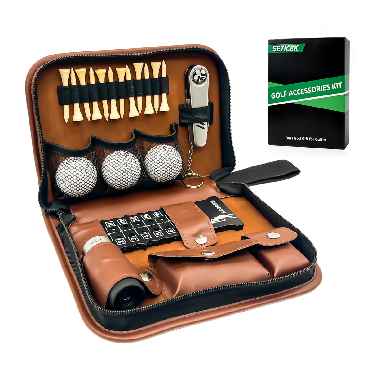 Seticek golf gift box with premium case for easy on-course organization.