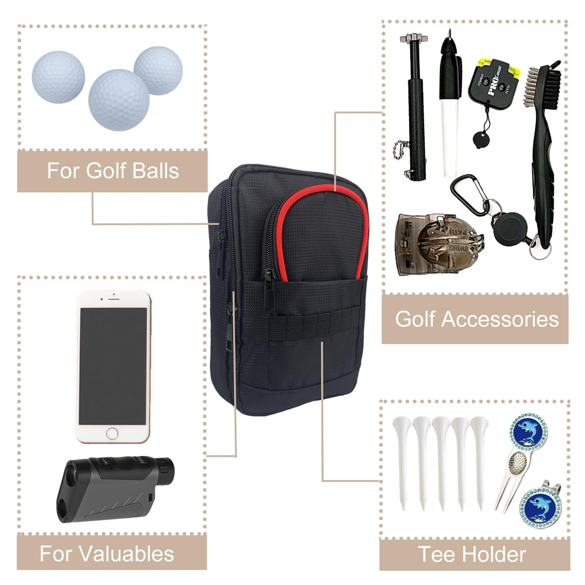 Sevance golf accessory bag Red Edge durable clip-on design for easy attachment.