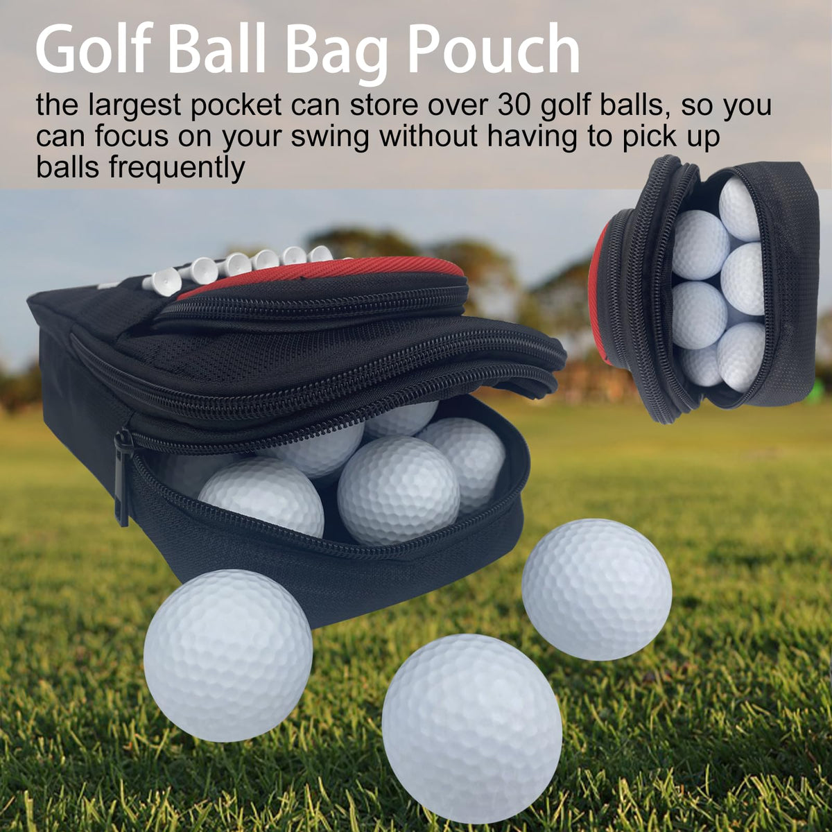 Sevance golf accessory bag Red Edge with open compartments for tees and balls.