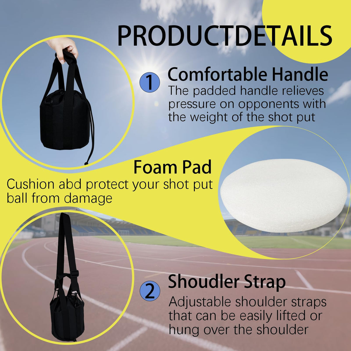 Sevance shot put bag includes an adjustable padded shoulder strap for versatility