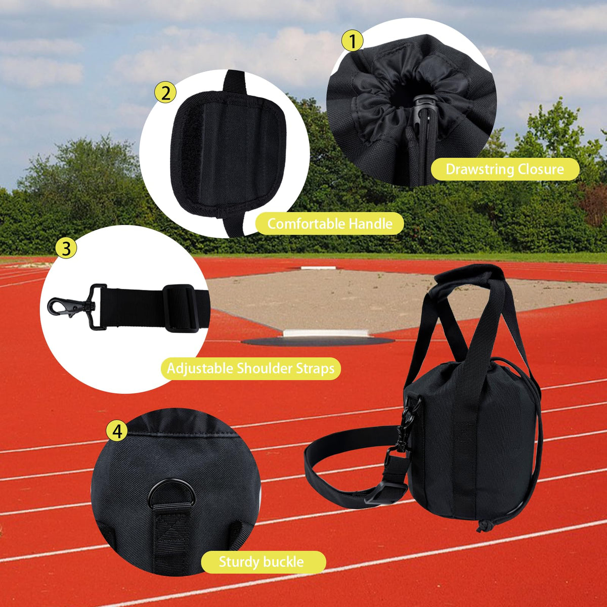 Sevance shot put bag features a comfortable top handle for easy carrying