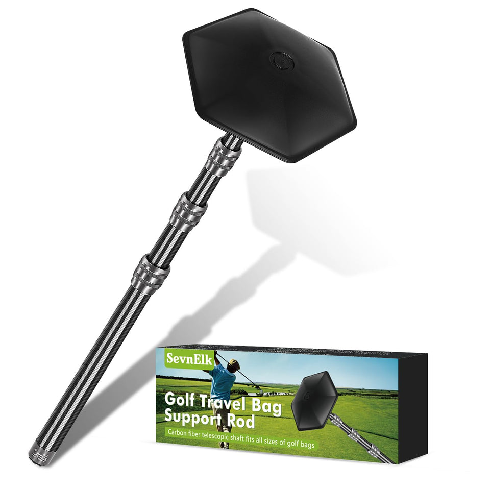 SevnElk carbon fiber travel pole supports golf bag during transit for lightweight protection.