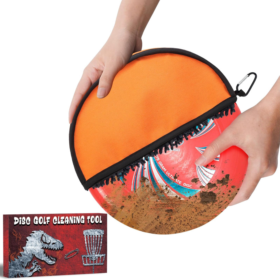 Sewrung orange disc golf cleaning tool in hand, portable cleanup aid for discs.