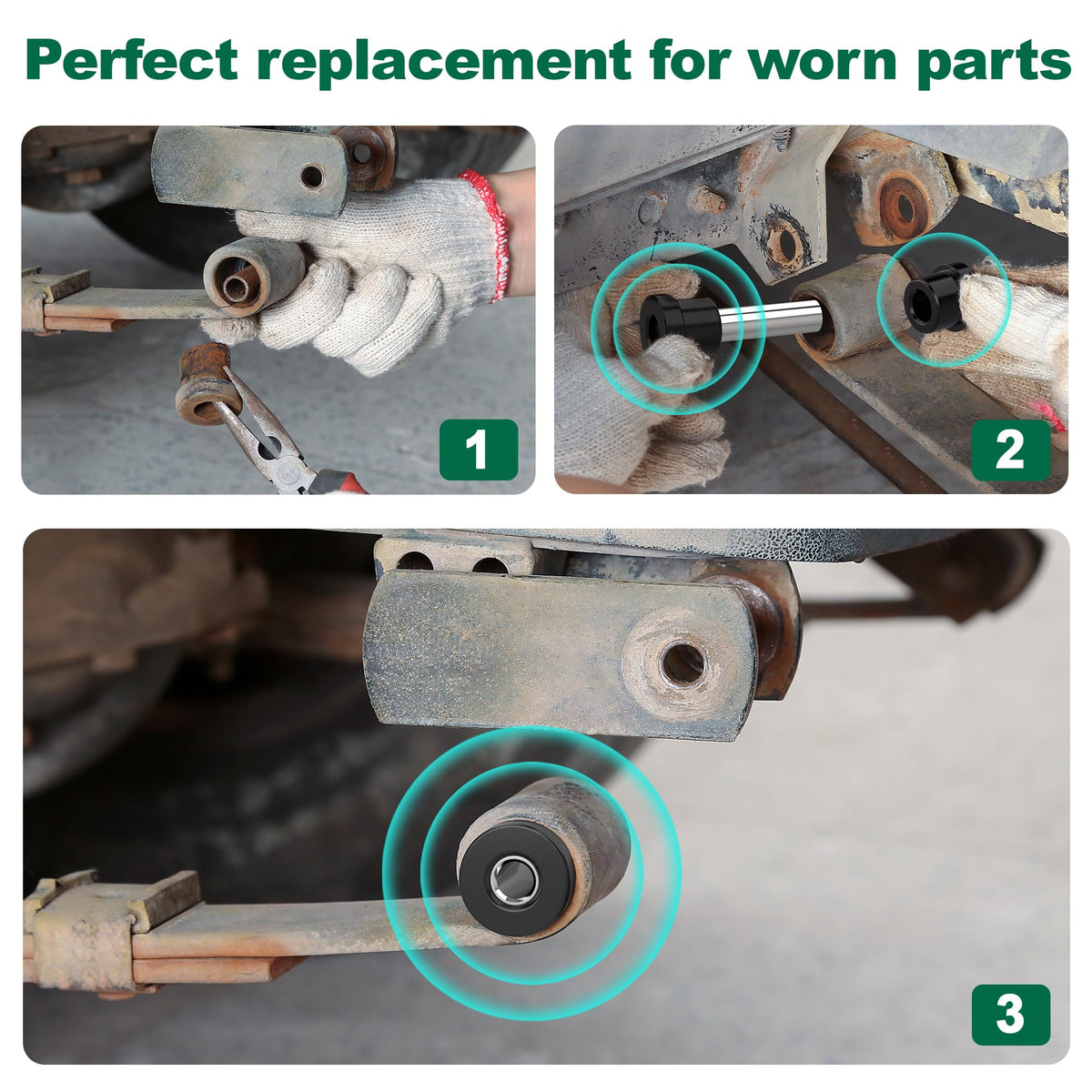 Upper shackle sleeves (2 pcs) ease installation and alignment.