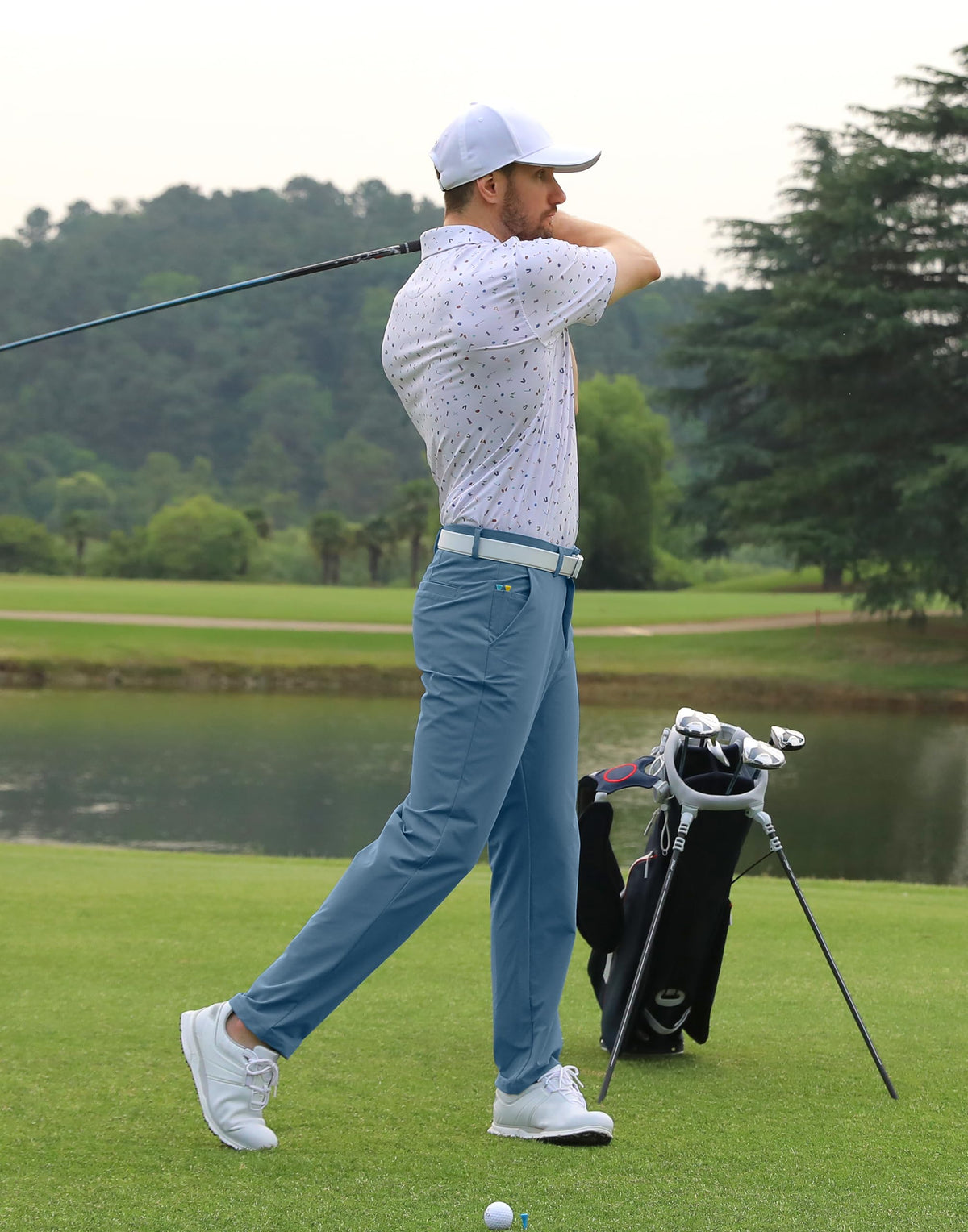 Shallowlulu baby blue golf pants waistband closeup emphasizes flexible comfort