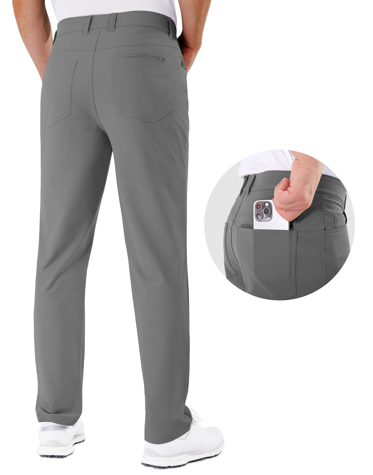 Shallowlulu golf pants side stretch view highlighting flex fit for movement.