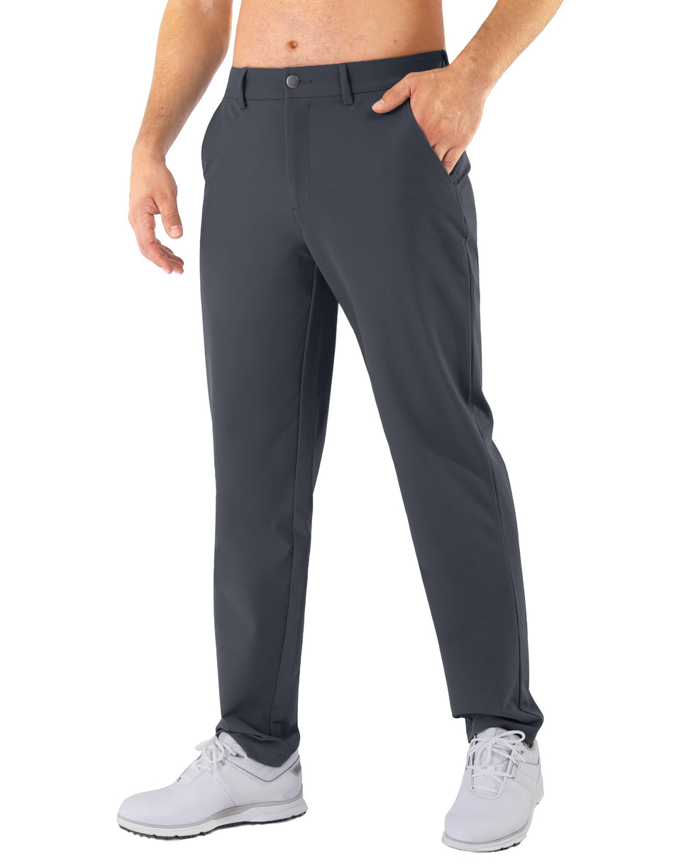 Shallowlulu men's golf pants front view in graphite, stretch fabric for mobility during swings