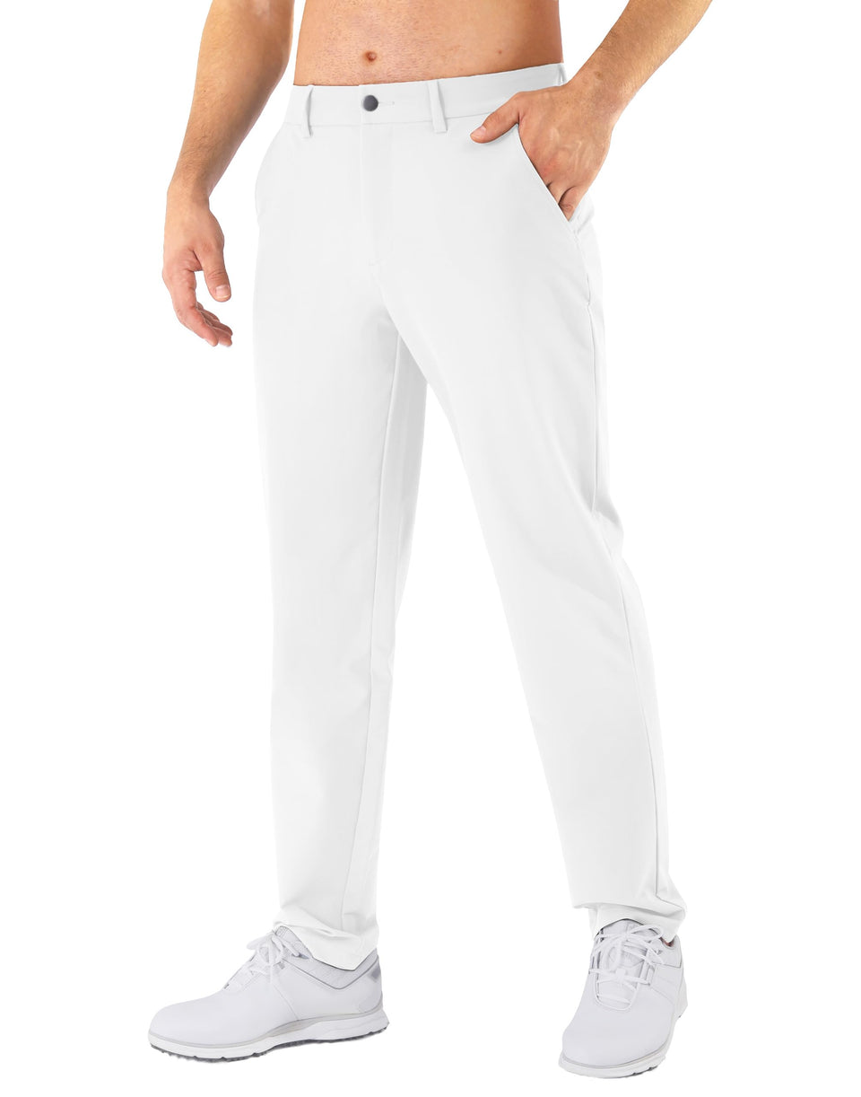 Shallowlulu men's golf pants in white, front view highlighting stretch-fit for smooth swings
