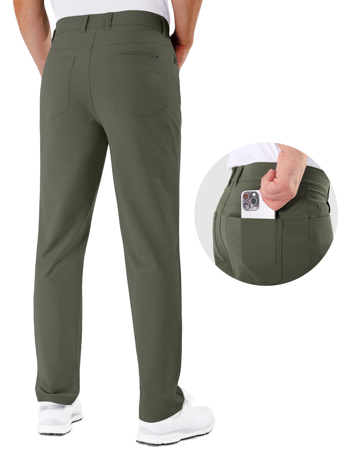 Shallowlulu water-repellent golf pants in olive for light rain.