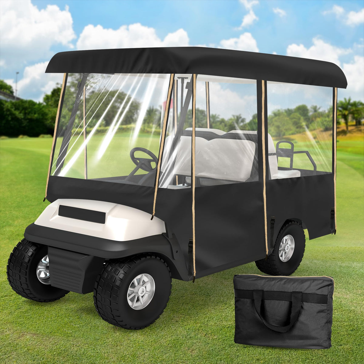 SHANTRA golf cart enclosure for four passengers with clear windows for all-weather visibility.