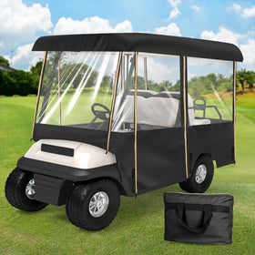 SHANTRA golf cart enclosure for four passengers with clear windows for all-weather visibility.