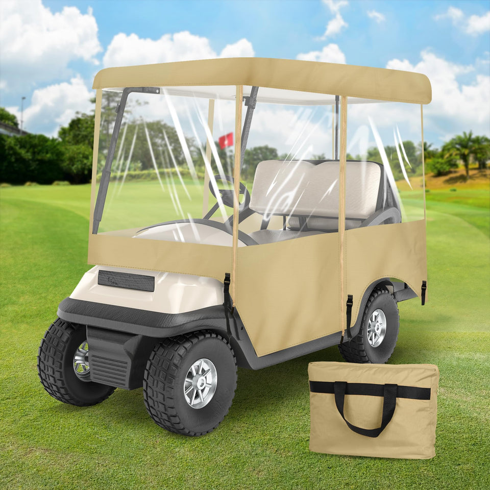 SHANTRA golf cart enclosure showing universal fit for most carts.