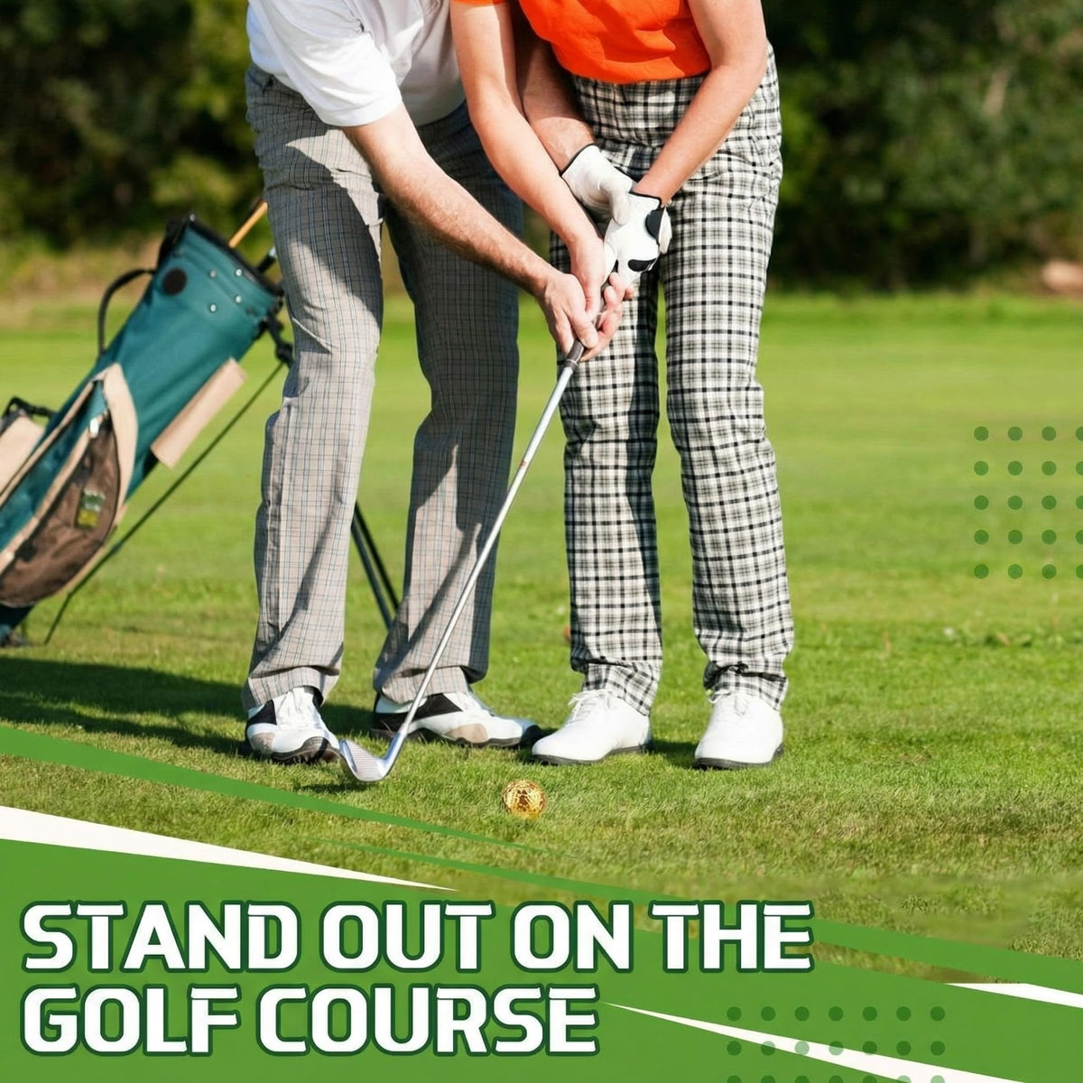 Shappy metallic gold golf balls on course, stand out for distinctive play