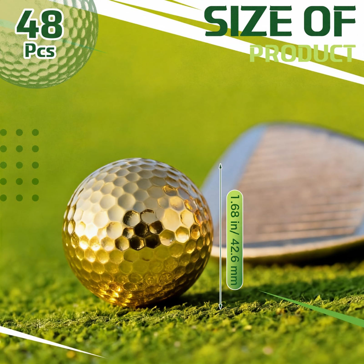 Shappy metallic gold golf balls with bright finish for easy tracking