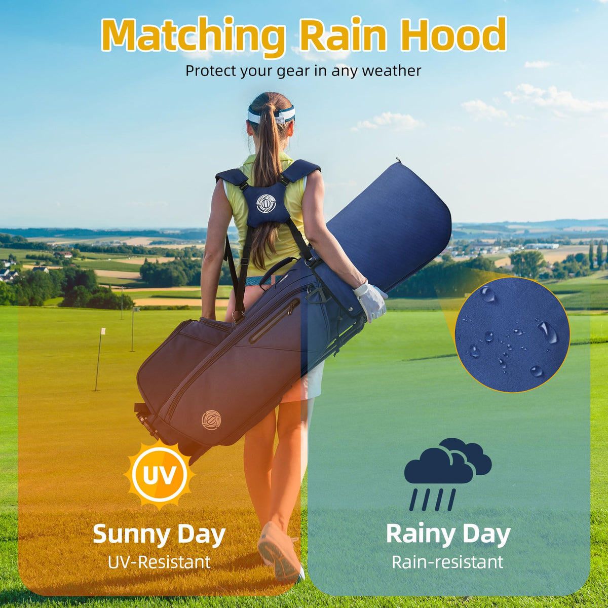 Shopsource 14-Way Golf Stand Bag with rain hood protects gear in rain.