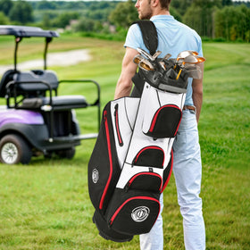 Shopsource golf bag in water-resistant material protects gear in rain.