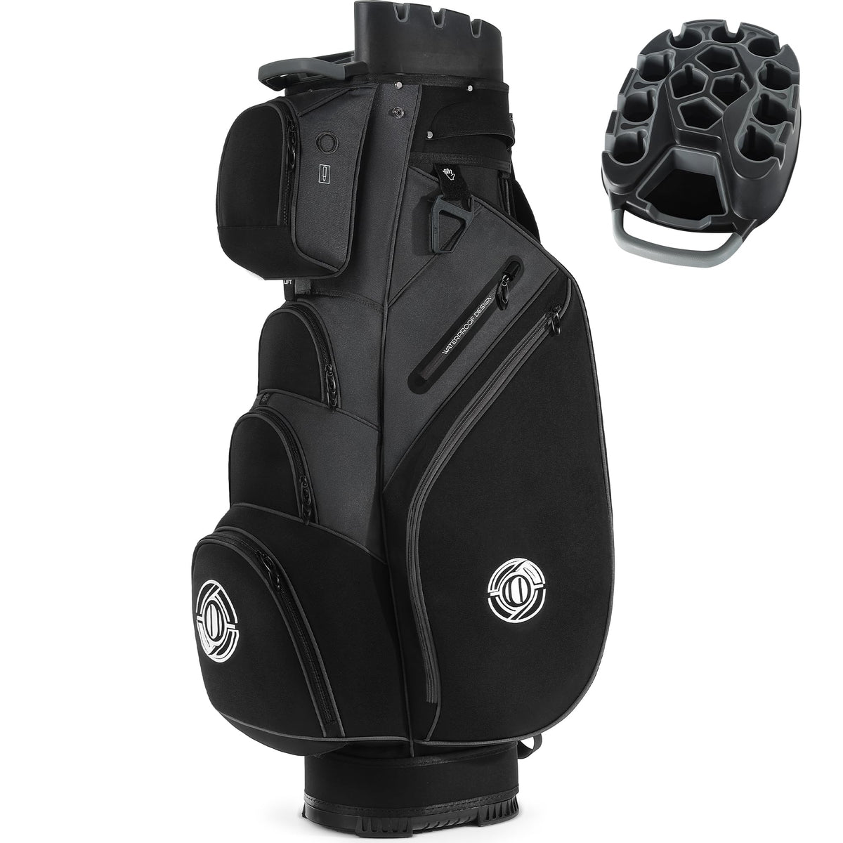 Shopsource golf cart bag with 14-way top dividers keeps clubs organized and accessible.