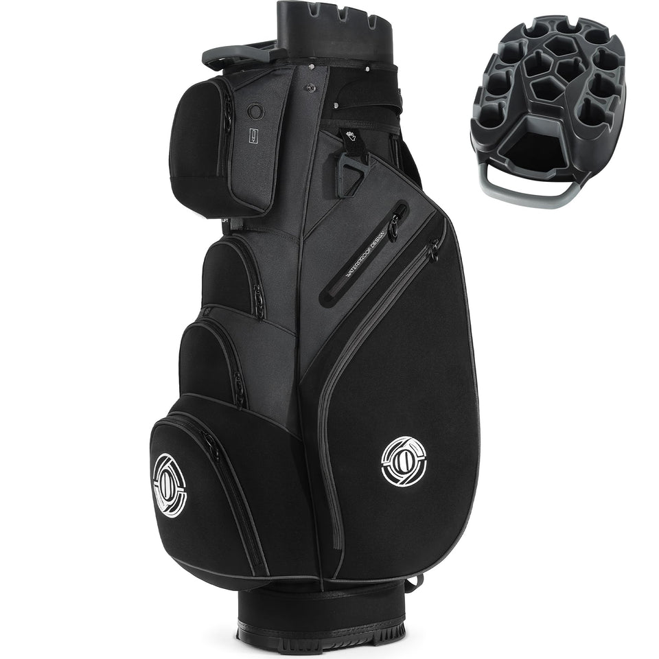 Shopsource golf cart bag with 14-way top dividers keeps clubs organized and accessible.