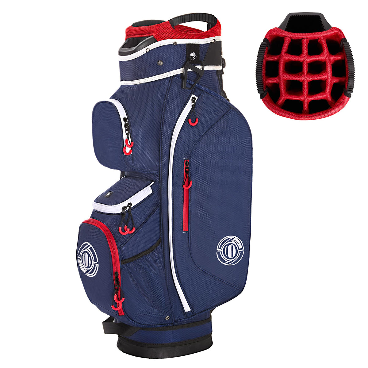 Shopsource golf cart bag with 15-way top keeps clubs organized for quick access.