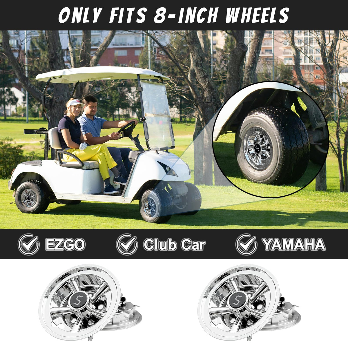 Shu-Ran 8-inch wheel covers snap on easily for EZGO Club Car Yamaha carts