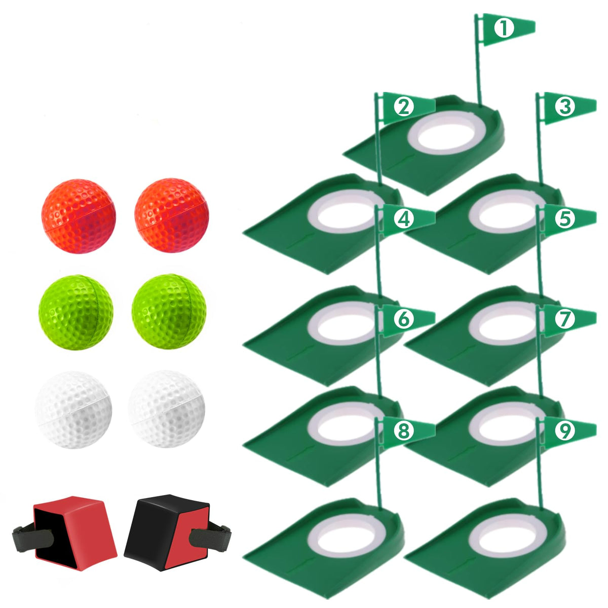 Shu-Ran 9-pack putt cups with flags arranged on a flat surface for a custom mini-golf course