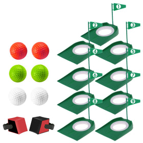 Shu-Ran 9-pack putt cups with flags arranged on a flat surface for a custom mini-golf course