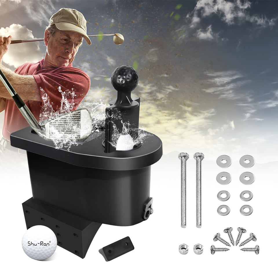 Shu-Ran golf ball and club washer front view showing universal cart compatibility.