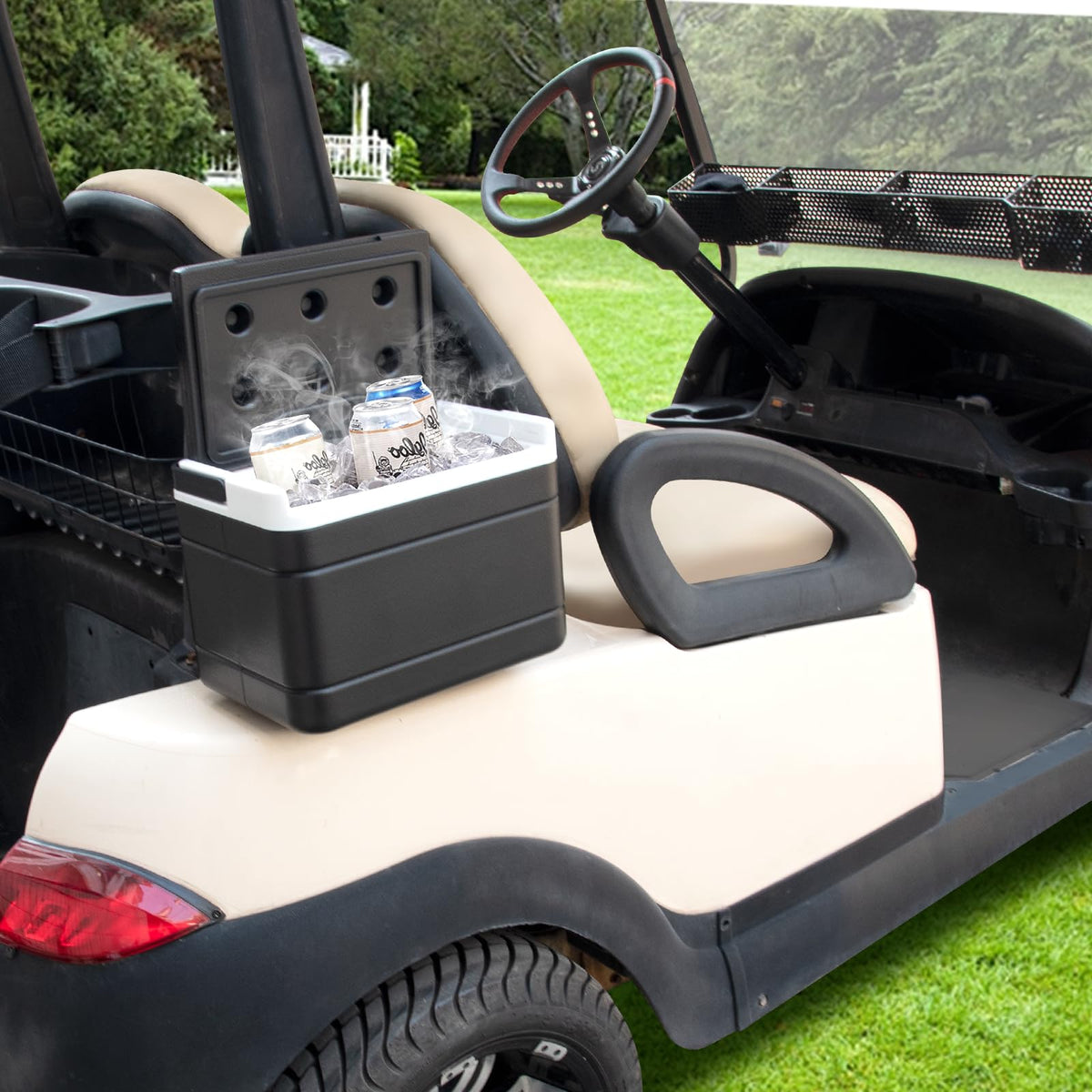 Shu-Ran golf cart cooler with secure lid prevents spills during a drive.