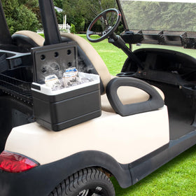 Shu-Ran golf cart cooler with secure lid prevents spills during a drive.