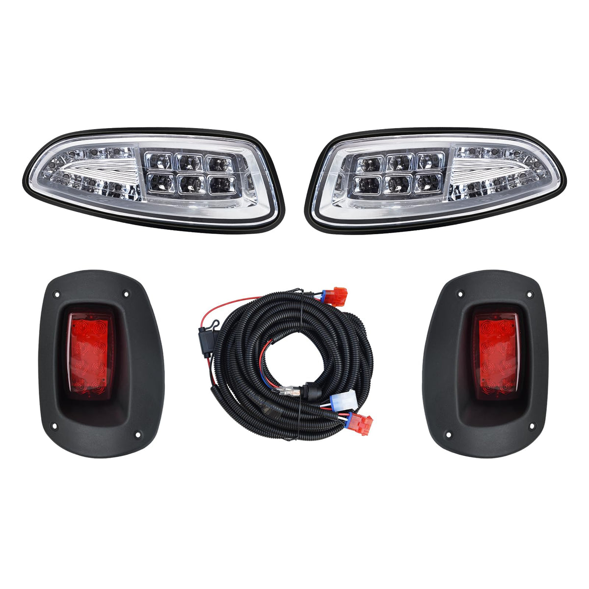 Shu-Ran front-left LED headlight for EZGO RXV improves night visibility.