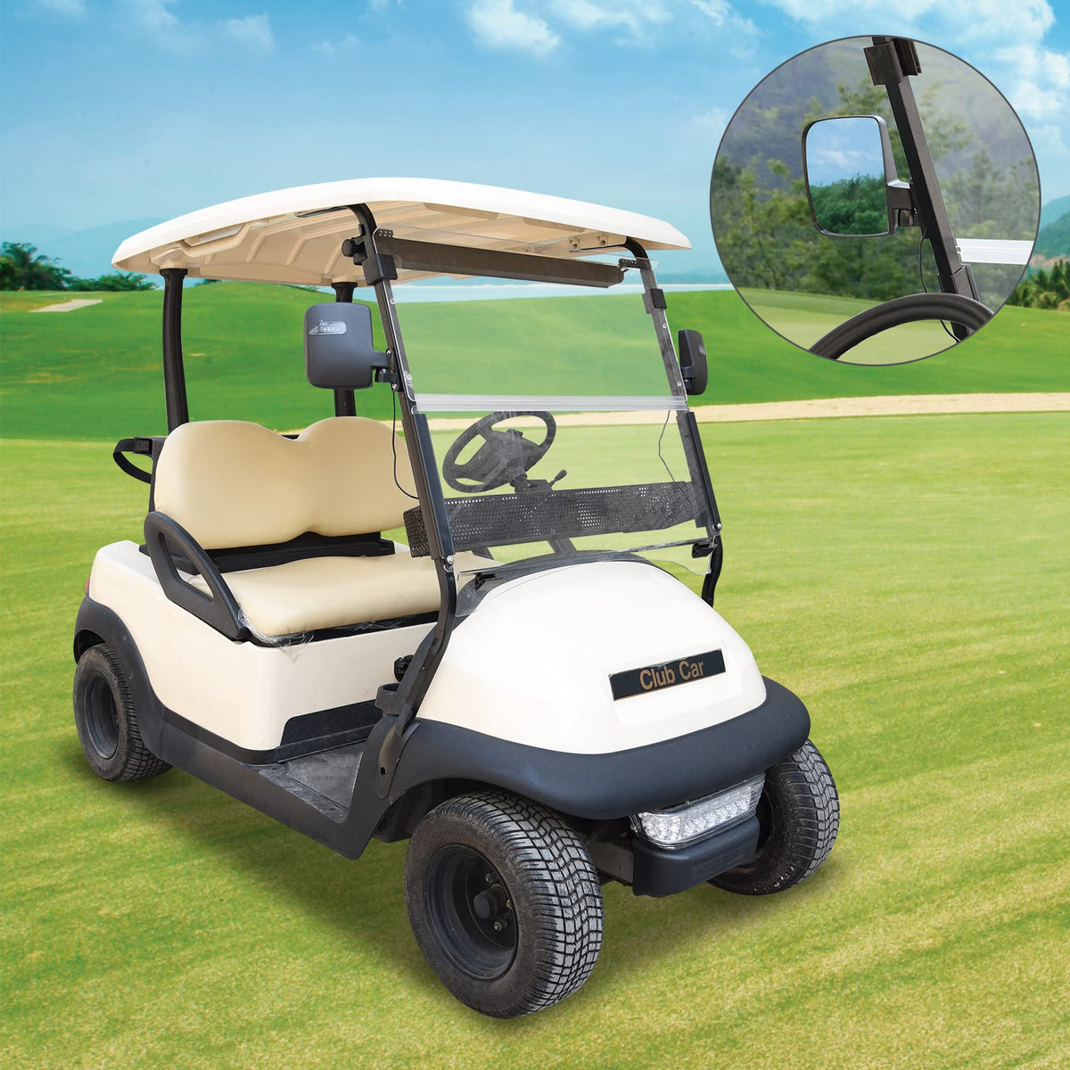 In-use Shu-Ran mirror improves awareness behind and beside the cart.