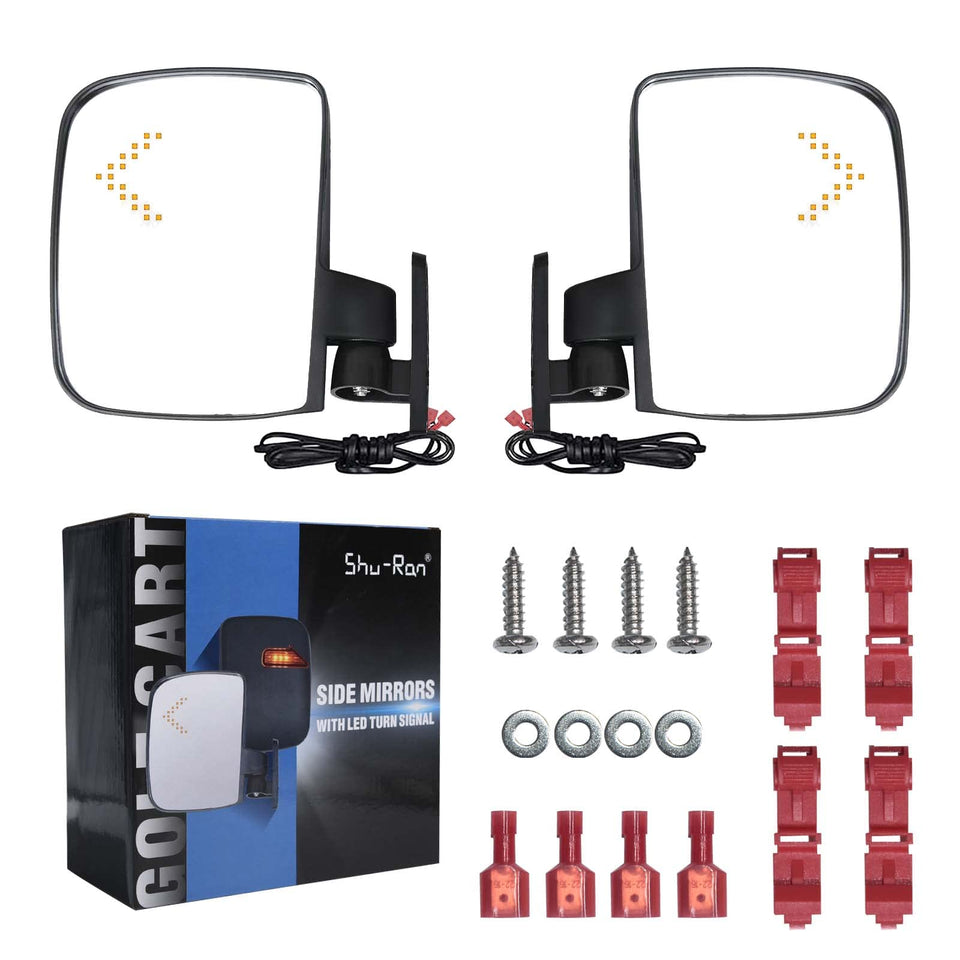 Shu-Ran golf cart side mirror with LED turn signal, front view for safer lane changes.
