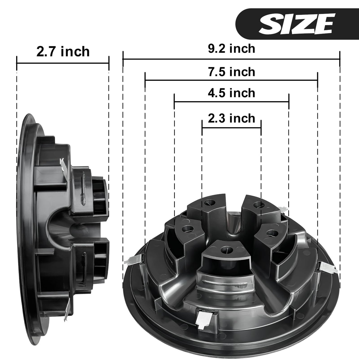 Shu-Ran hub caps close-up with durable black finish