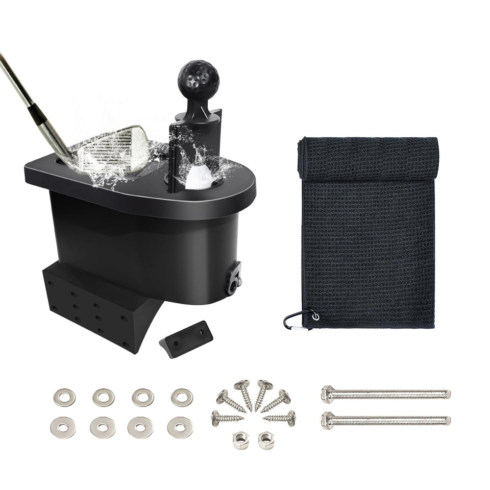 Shu-Ran No-Drill cleaner mounted on cart with universal fit for on-course cleaning