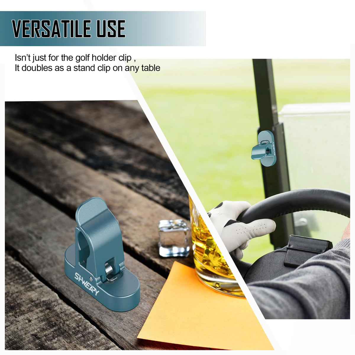 SHWEAPY clip attaches to carts or tables for hands-free convenience