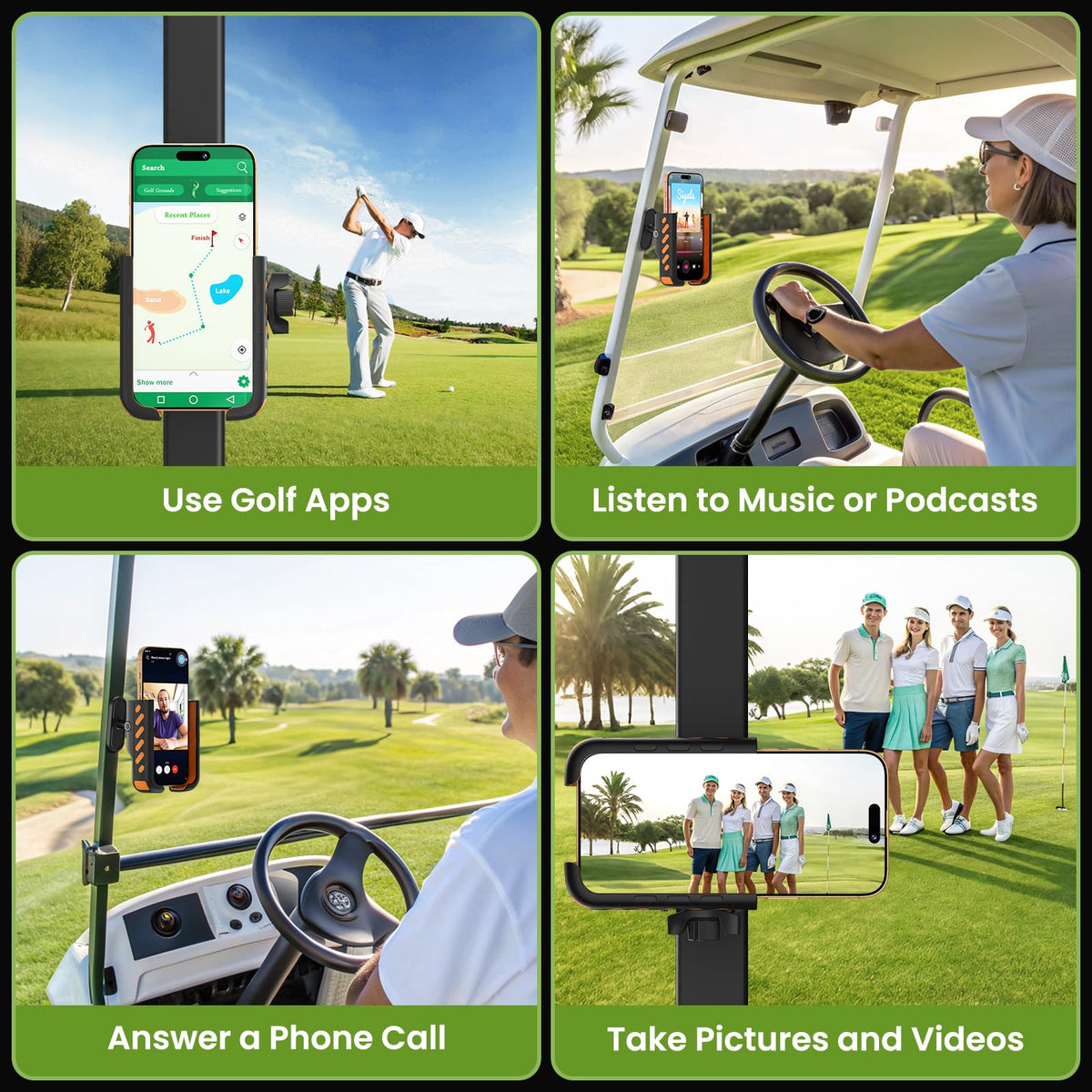 Sildark golf-cart-in-use-with-phone demonstrates hands-free access on the course