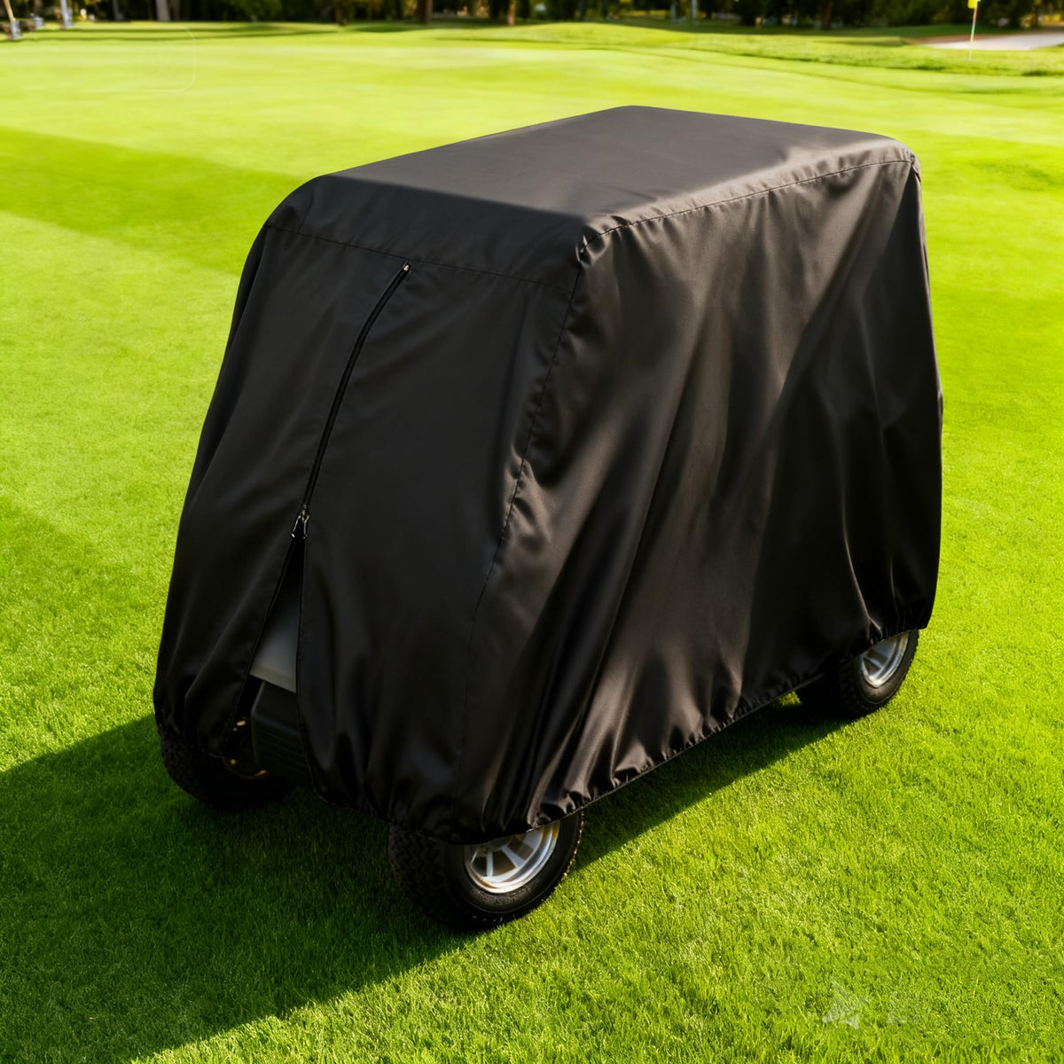 Silfrae all-weather cover in daily use on a golf cart for protection